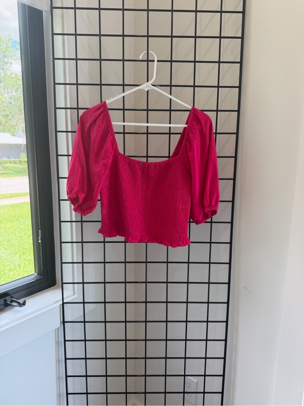 Women's Hot Pink Square Neck Smocked Puff Sleeve Top - Small